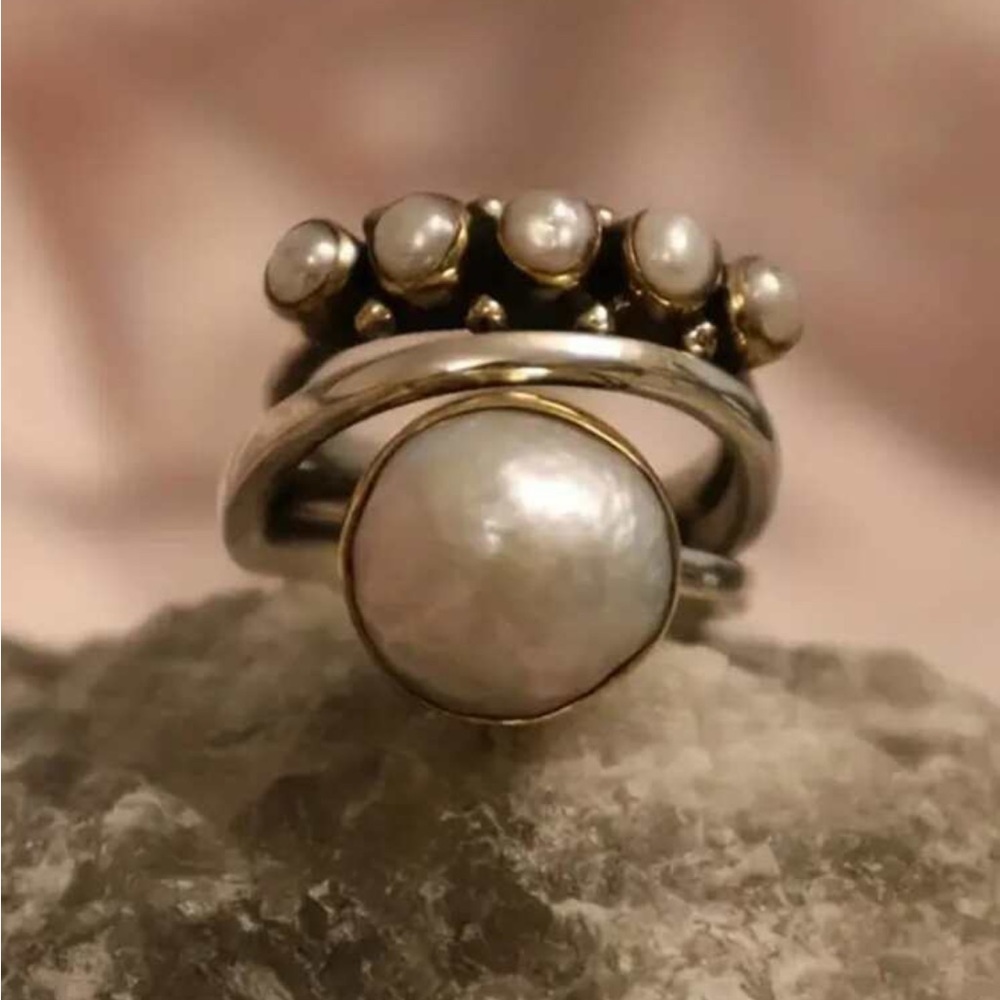 Rustic Faux Pearl copper statement Ring - Picture 2 of 5